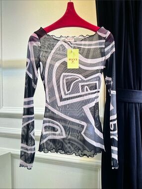 Emilio Pucci Black and Light Pink Abstract Print Long Sleeve Mesh Top